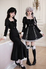 Black/White [Rose Doll] Square Collar Long Sleeves Bowknot Lace-Up Gothic Lolita Dress Set 2 Versions - Product - 8