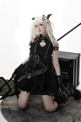 Black [Hunter] Stand Collar Off Shoulder Ruffle Embroidery Zipper Gothic Lolita Dress - Product - 14