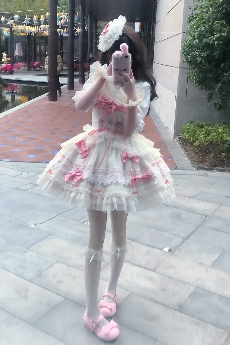 Apricot/Pink [Prelude to Spring Song] Sleeveless Multi-Layered Ruffle Bowknot Lace Sweet Princess Ballet Lolita Jsk Dress - Product - 6