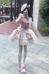 Apricot/Pink [Prelude to Spring Song] Sleeveless Multi-Layered Ruffle Bowknot Lace Sweet Princess Ballet Lolita Jsk Dress - Product - 6