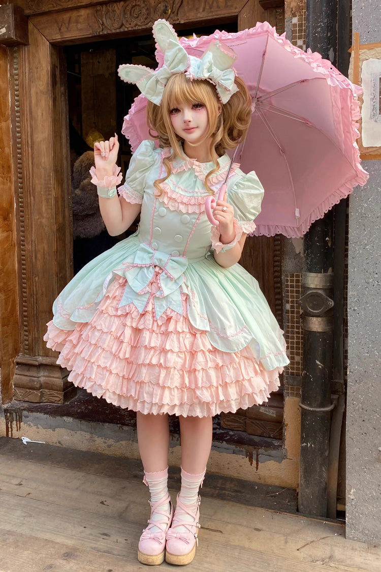 Pink/Green [Honeydew Melon Parfait] Short Sleeves Multi-Layered Ruffle Bowknot Sweet Lolita Dress - Product - 5