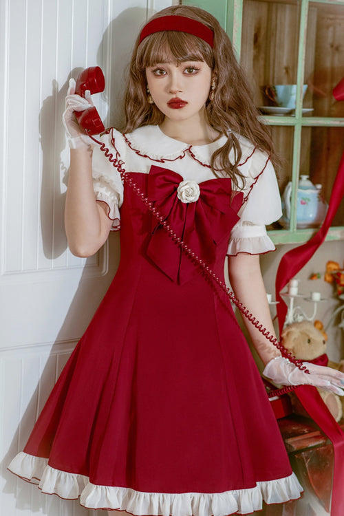 Red Camellia Ruffled Doll Collar Puff Sleeves Sweet Lolita Dress - Product - 2