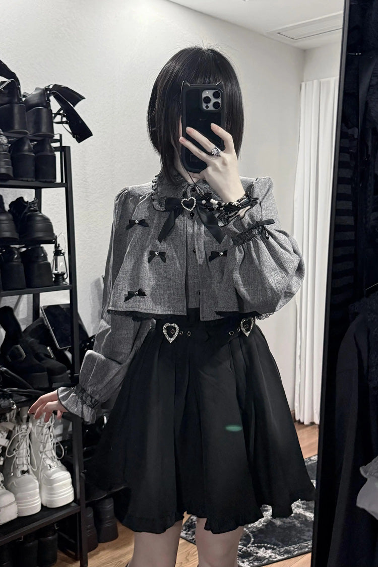 Black/Grey Long Sleeves Ruffled Double Heart Buckle Japanese Jirai Kei Set - Product - 3