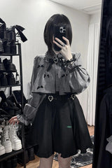 Black/Grey Long Sleeves Ruffled Double Heart Buckle Japanese Jirai Kei Set - Product - 3