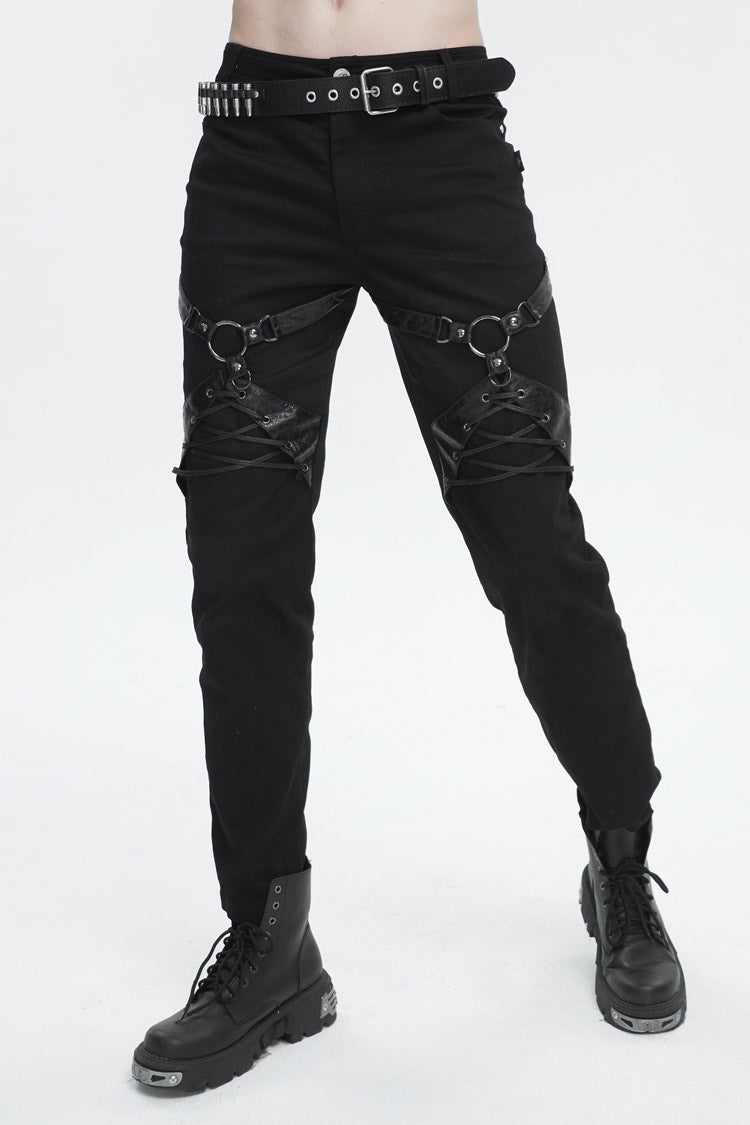 Black Thigh Position Buckle Splice Men's Punk Pants - Product - 2