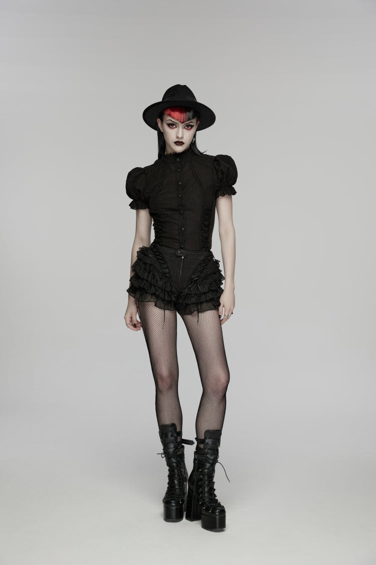 Black Multi-Layered Embroidered Lace Lace-Up Pleated Women's Gothic Shorts - Black - 1