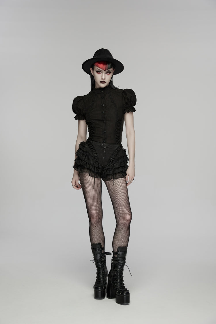 Black Multi-Layered Embroidered Lace Lace-Up Pleated Women's Gothic Shorts - Black - 1