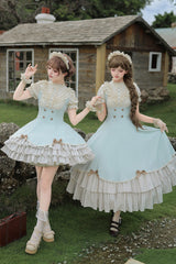 Blue [Sea Salt Snow Cap] Stand Collar Short Sleeves Petal Hem Ruffled Bow Sweet Lolita Dress Set 2 Versions - Product - 18
