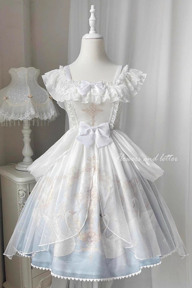 White/Blue [Flower and Letter] Swan Lake Print Ruffle Bowknot Elegant Lolita Jsk Dress - White/Blue - 1