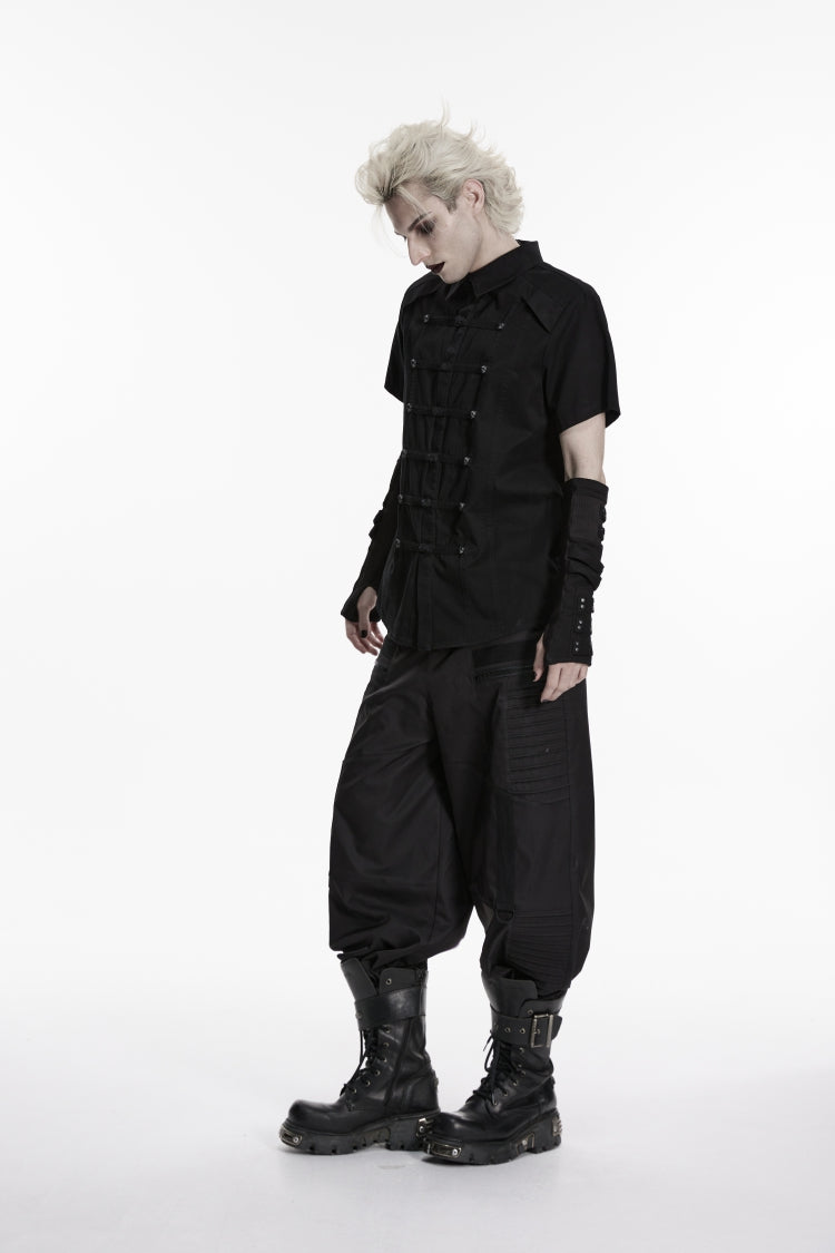 Black Lapel Collar Short Sleeves Studded Men's Punk Skull Handsome Cool Shirt - Product - 7