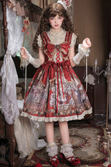 Red [Mystery Bunny] Sleeveless Jacquard Printed Ruffled Bow Lace Classic Lolita Jsk Dress Set - Product - 13