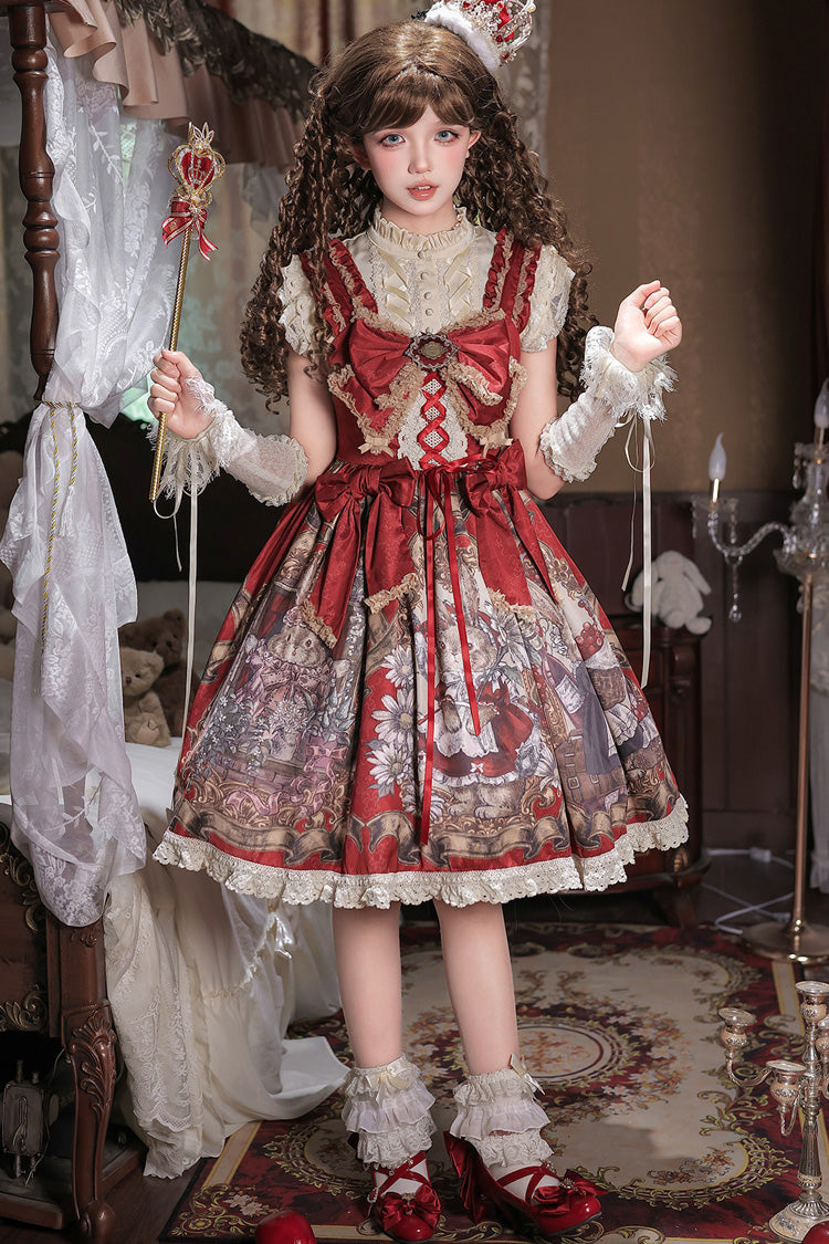 Red [Mystery Bunny] Sleeveless Jacquard Printed Ruffled Bow Lace Classic Lolita Jsk Dress Set - Product - 13