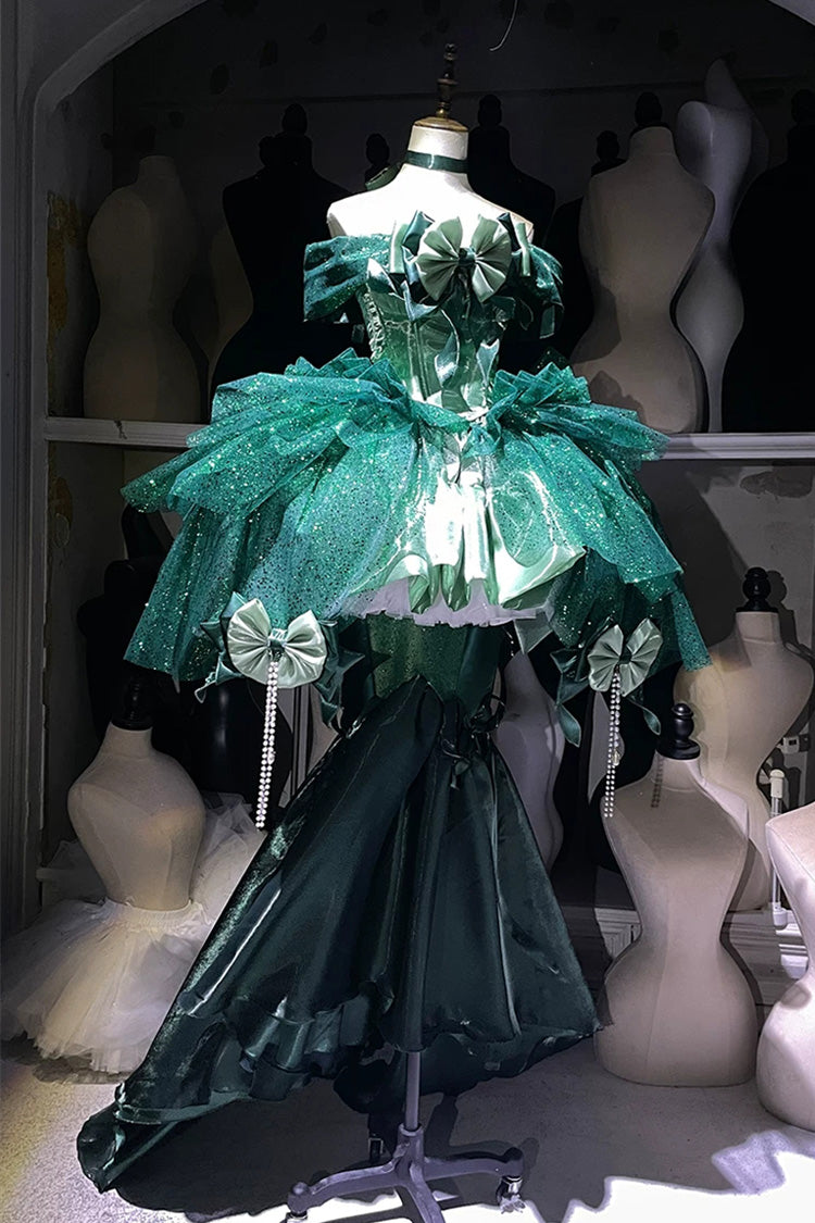 Green [Mermaid Tears] Off Shoulder High Waisted Ruffled Bow Sweet Princess Lolita Dress - Product - 7