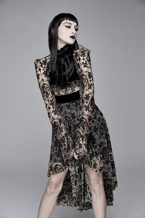 Apricot See Through Printed Long Sleeves Velvet Belted Womens Gothic Dress With Tie - Product - 4