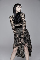 Apricot See Through Printed Long Sleeves Velvet Belted Womens Gothic Dress With Tie - Product - 4