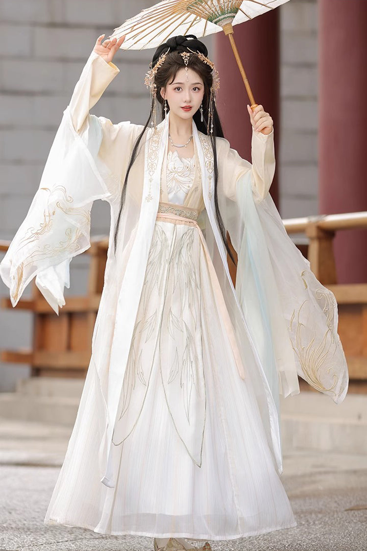 Beige Long Sleeves High Waisted Jacquard Print Embroidery Women's Sweet Hanfu Dress Full Set - Beige - 1