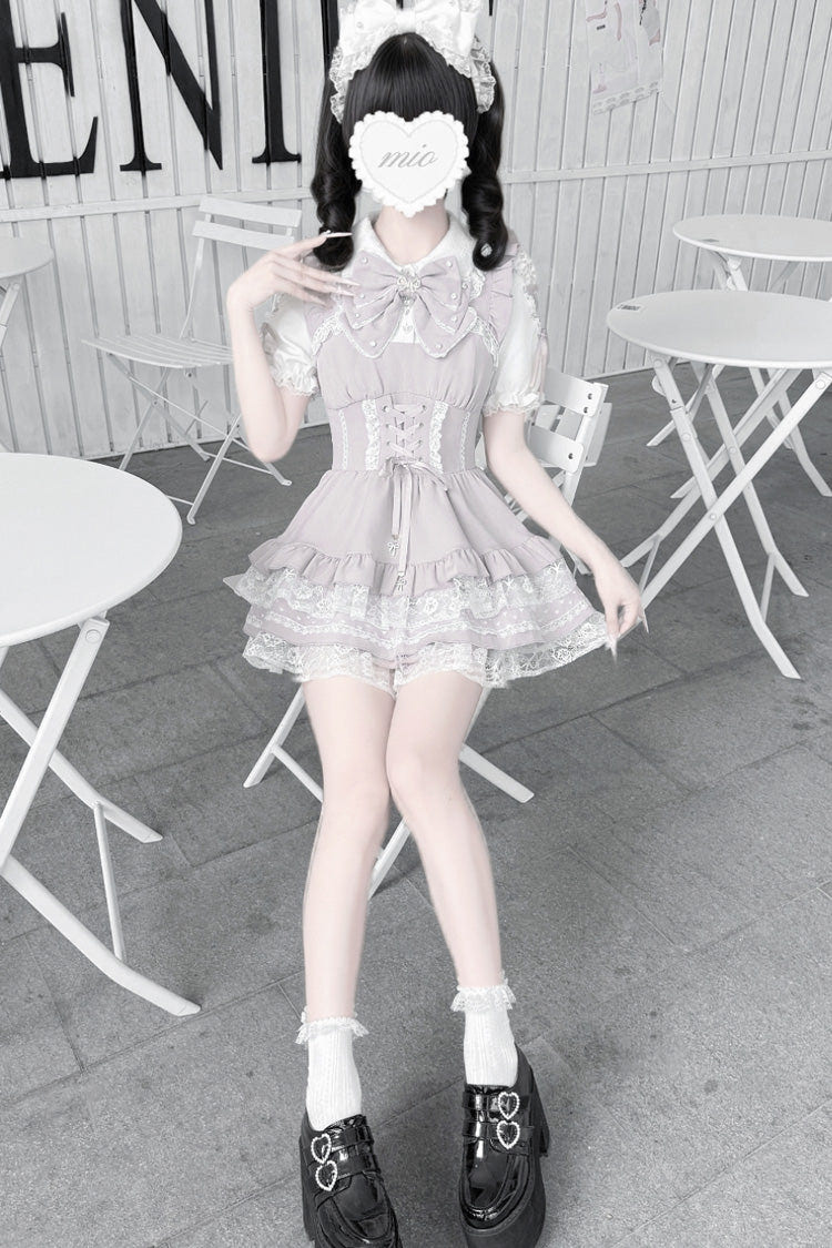 [Heart Key Treasure Box] Lapel Collar Short Sleeves Printed Ruffled Bow Lace-Up Japanese Jirai Kei Dress Shorts Set 3 Colors - Product - 10