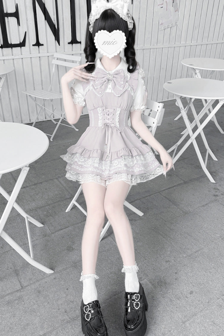 [Heart Key Treasure Box] Lapel Collar Short Sleeves Printed Ruffled Bow Lace-Up Japanese Jirai Kei Dress Shorts Set 3 Colors - Product - 10