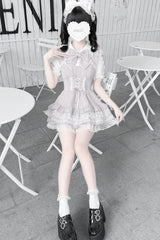 [Heart Key Treasure Box] Lapel Collar Short Sleeves Printed Ruffled Bow Lace-Up Japanese Jirai Kei Dress Shorts Set 3 Colors - Product - 10