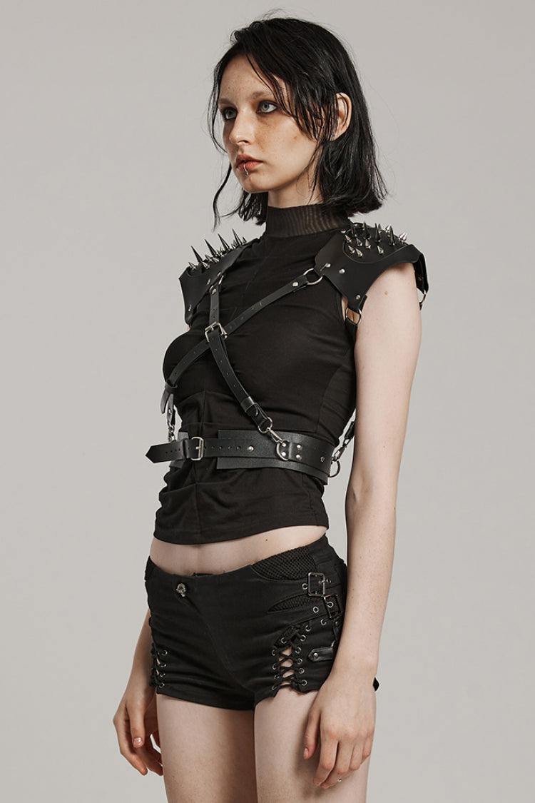 Black Adjustable Integrated Buckle Rivets Women's Steampunk Harness - Product - 2
