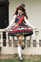 Black [Honor Guard Gala] V Collar Multi-Layered Printed Ruffled Bow Classic Gothic College Style Lolita Jsk Dress - Product - 14
