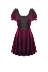 Wine Red Square Collar Short Puff Sleeves Velvet Patchwork Lace Lace-Up Women's Gothic Dress - Product - 3