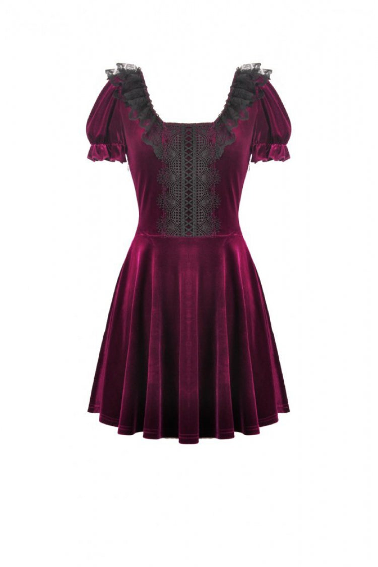 Wine Red Square Collar Short Puff Sleeves Velvet Patchwork Lace Lace-Up Women's Gothic Dress - Product - 3