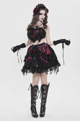 Black/Red Off Shoulder Bow Lace Color-Blocked Strappy Pleated Women's Gothic Corset - Product - 9