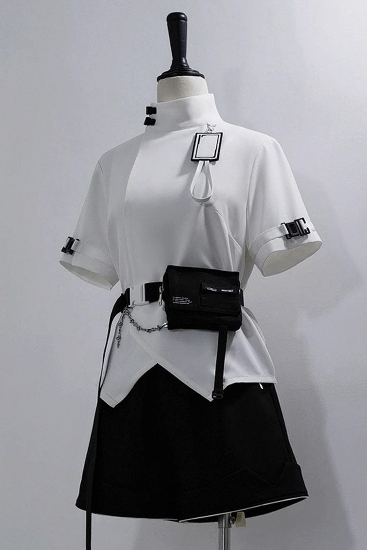 White Functional Style Stand Collar Short Sleeves Ouji Fashion Prince Handsome Lolita Blouse - White - 1