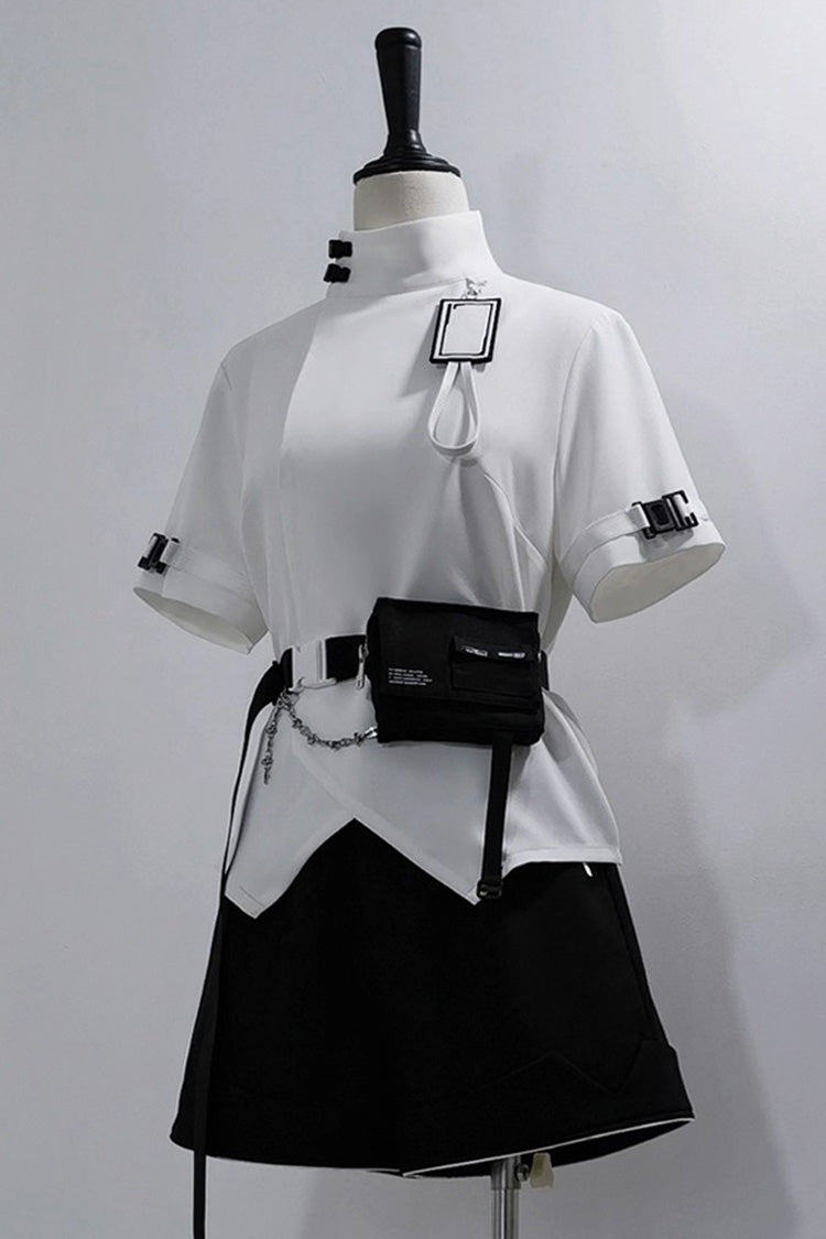 White Functional Style Stand Collar Short Sleeves Ouji Fashion Prince Handsome Lolita Blouse - White - 1