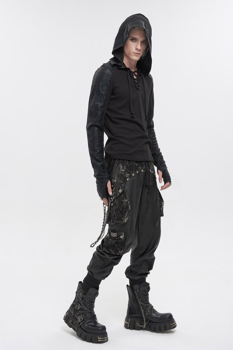 Black Trendy Dark Tether V-Neck Panel Knit Hooded Men's Punk T-Shirt - Product - 3