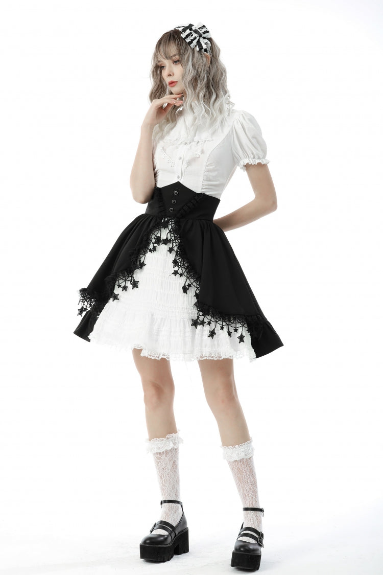 White Short Puff Sleeves Ruffled Neckline Lace Lace-Up Women's Gothic Blouse - Product - 2