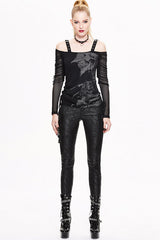Black Skull Print Long Sleeves Drawstring Halter Cotton Women Punk T-Shirt - Product - 4