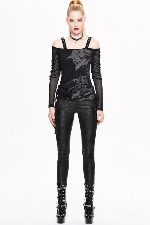 Black Skull Print Long Sleeves Drawstring Halter Cotton Women Punk T-Shirt - Product - 4