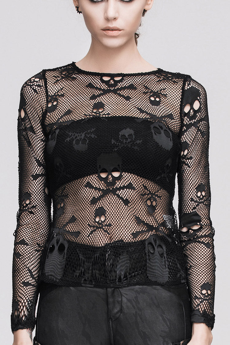 Black Skull Knit Long-Sleeve Open-Neck Round Collar Elastic Women's Punk Shirt - Black - 1