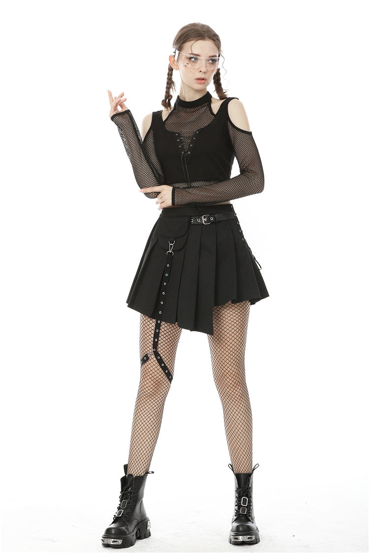 ブラック レースアップ 変形 裾幅 プリーツ レディース パンク スカート 付き Side バッグ 商品画像