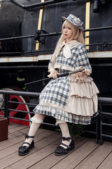 Grey/Blue [Morning Tune] Sleeveless High Waisted Print Ruffle Asymmetric Sweet Lolita Strap Dress - Product - 4