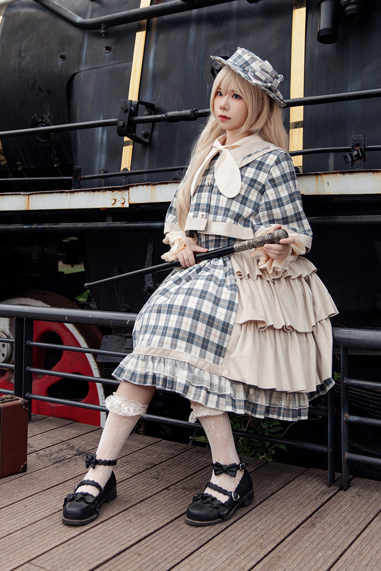 Grey/Blue [Morning Tune] Sleeveless High Waisted Print Ruffle Asymmetric Sweet Lolita Strap Dress - Product - 4