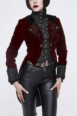 Red/Black Jacquard Lapel Embroidered Metal Nail Velveteen Swallowtail Women's Gothic Coat - Red/Black - 1