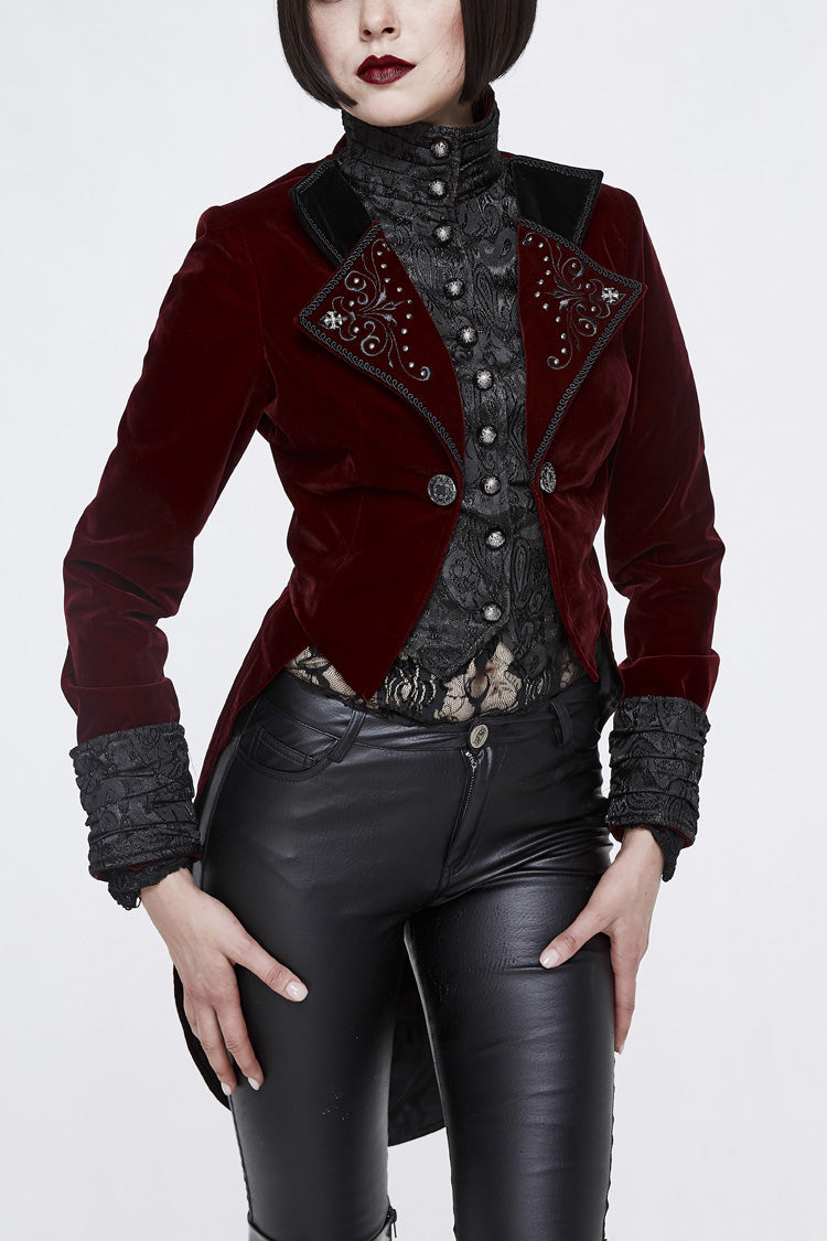 Red/Black Jacquard Lapel Embroidered Metal Nail Velveteen Swallowtail Women's Gothic Coat - Red/Black - 1