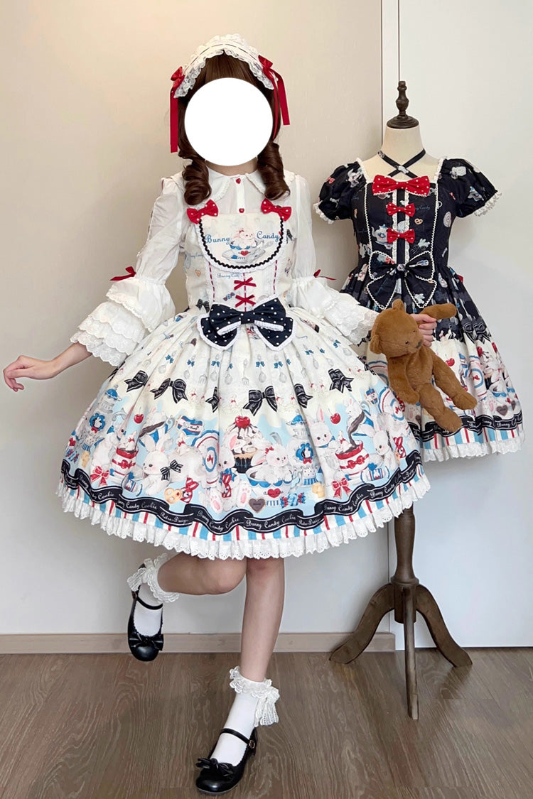 Beige [Mystery Rabbit Tea Party] Sleeveless Print Ruffle Bowknot Lace Sweet Lolita Jsk Dress - Beige - 1