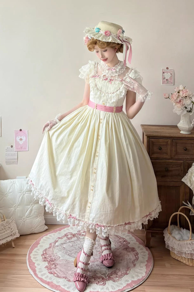 Yellow [Sakura’s Spring Resonance] Sleeveless Ruffled Bow Sweet Lolita Jsk Dress (Long Version) - Product - 4