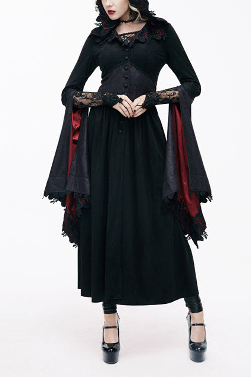 Gothic Black Pointed Hat Velveteen Floral Tunic Womens Coats - Black - 1
