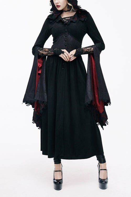 Gothic Black Pointed Hat Velveteen Floral Tunic Womens Coats - Black - 1