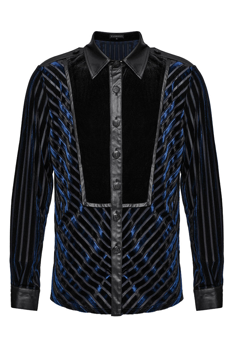 Black/Blue Lapel Collar Stitching Slim Men's Gothic Blouse - Product - 5