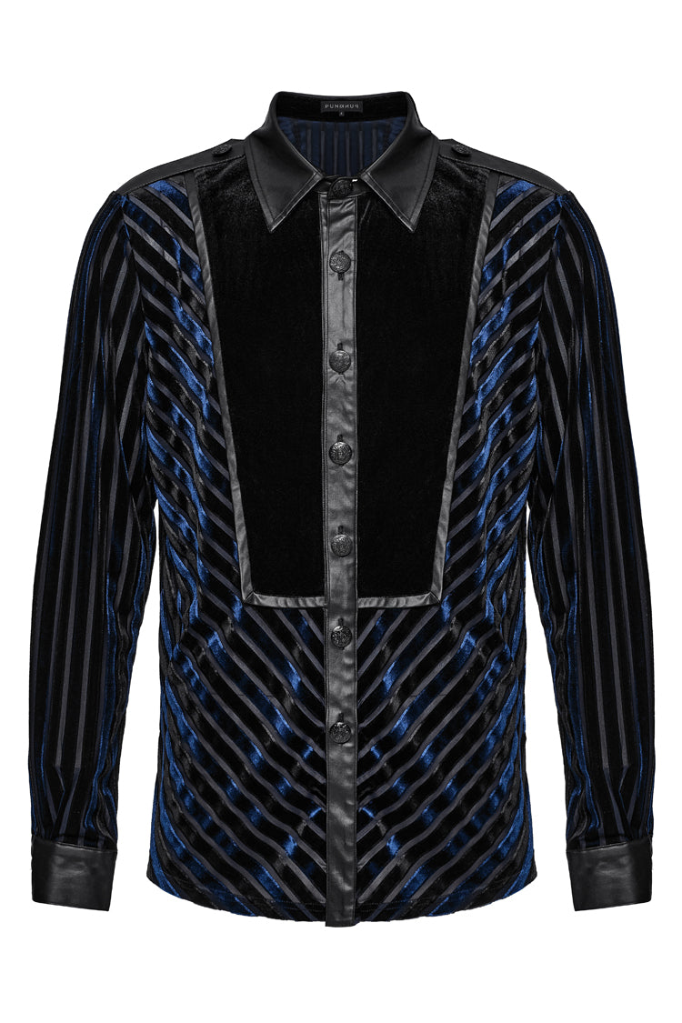 Black/Blue Lapel Collar Stitching Slim Men's Gothic Blouse - Product - 5