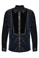 Black/Blue Lapel Collar Stitching Slim Men's Gothic Blouse - Product - 5