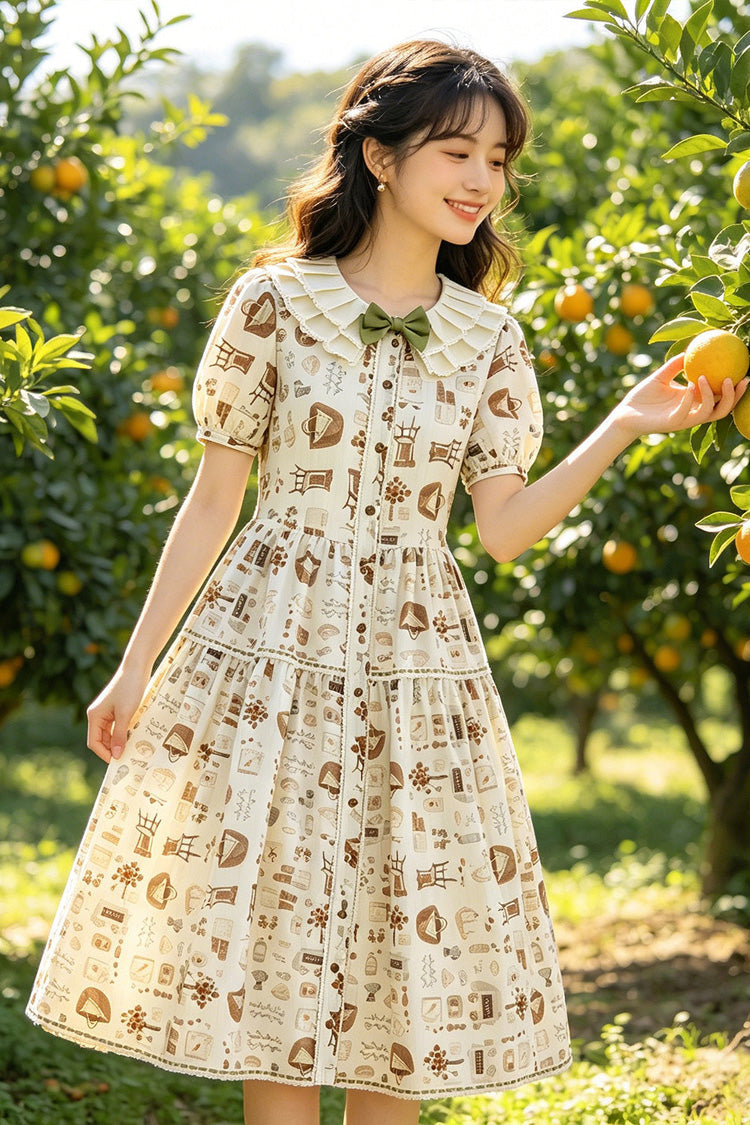 Apricot Short Sleeves Printed Ruffled Bow Sweet Plus Size Lolita Dress - Apricot - 1