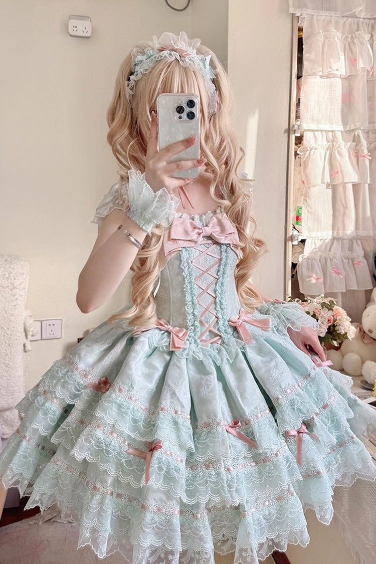 Green [Flora Isle Butterfly] Sleeveless Ruffle Bowknot Lace Lace-Up Sweet Elegant Lolita Jsk Dress - Product - 3