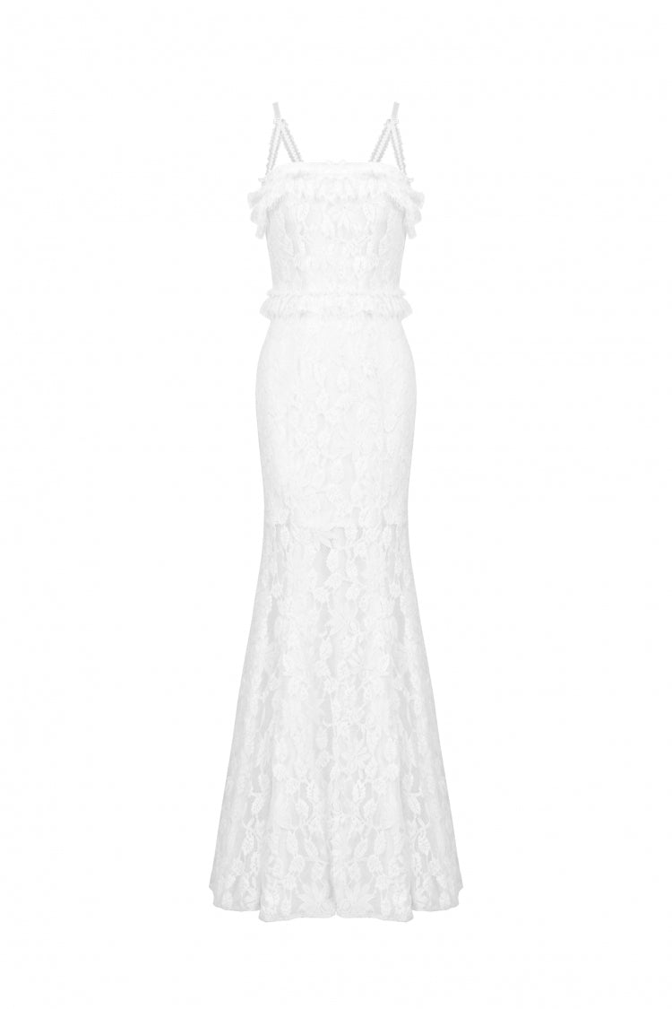 White Sleeveless Pleated Lace Women's Gothic Slip Dress Wedding Dress - Product - 3